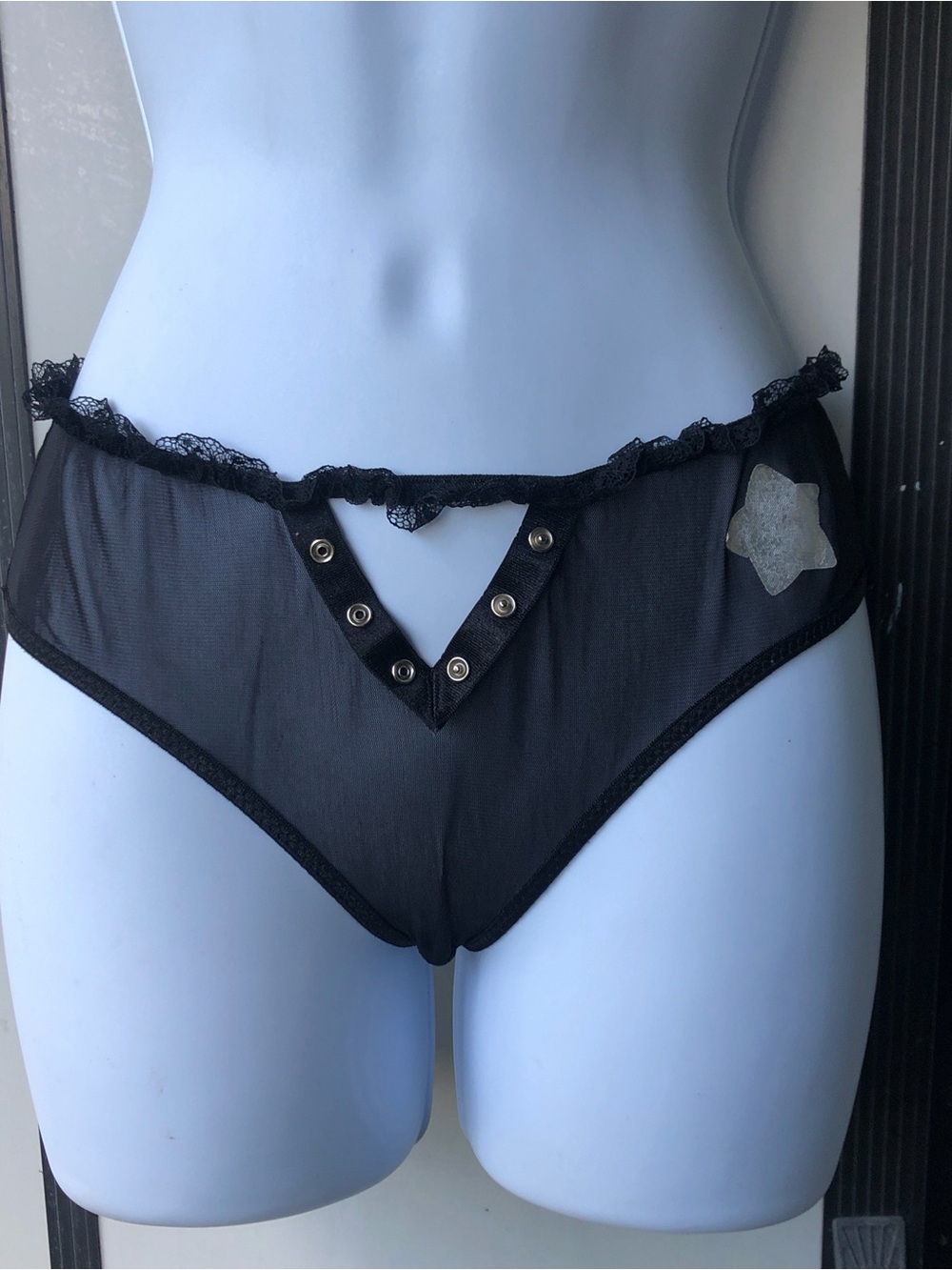 Sheer Black Lace-Trim Bikini Panty with Grommet and Star Detail